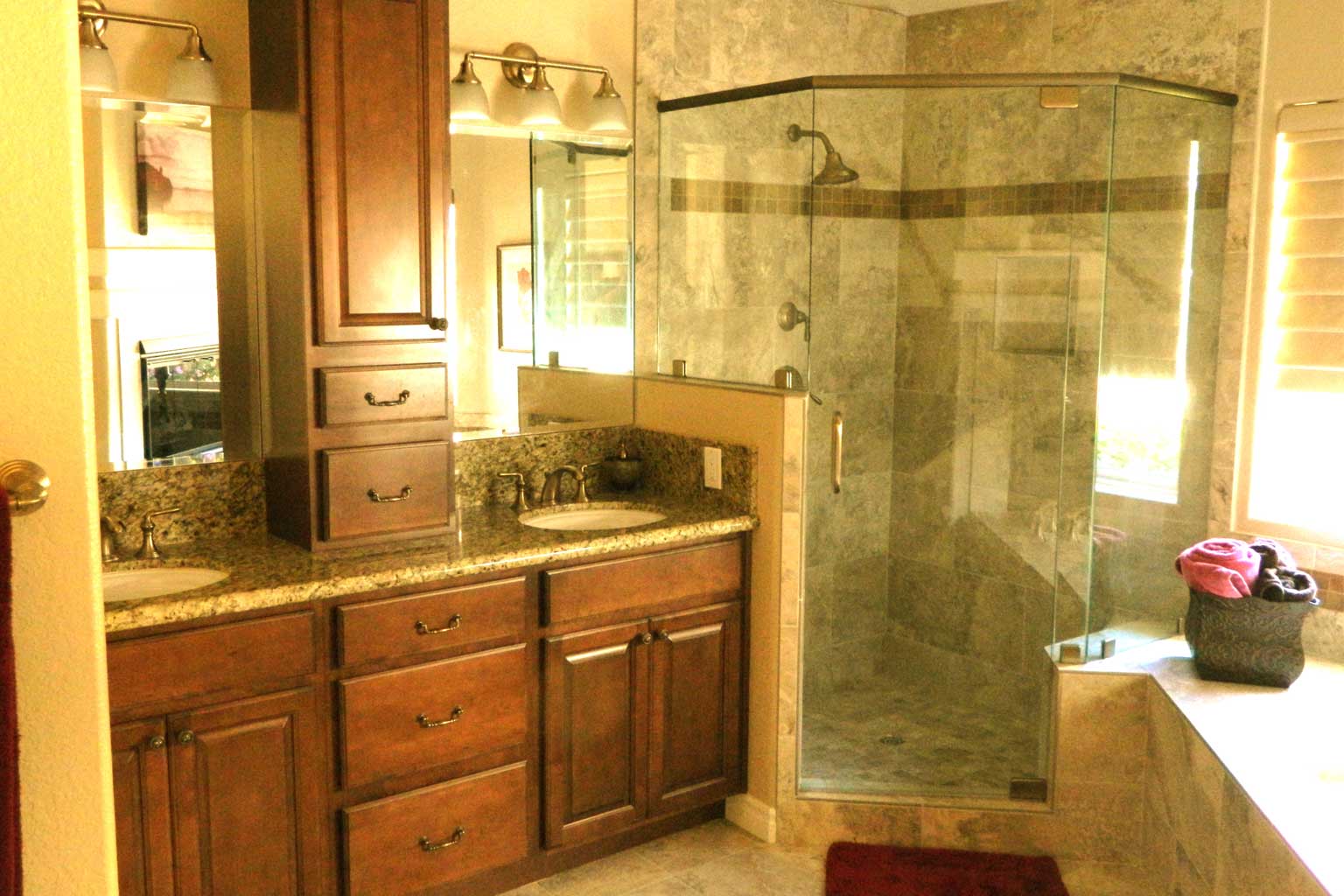 Cherry Cabinets Integrated Tub Mosaic Tile Bathroom Remodel