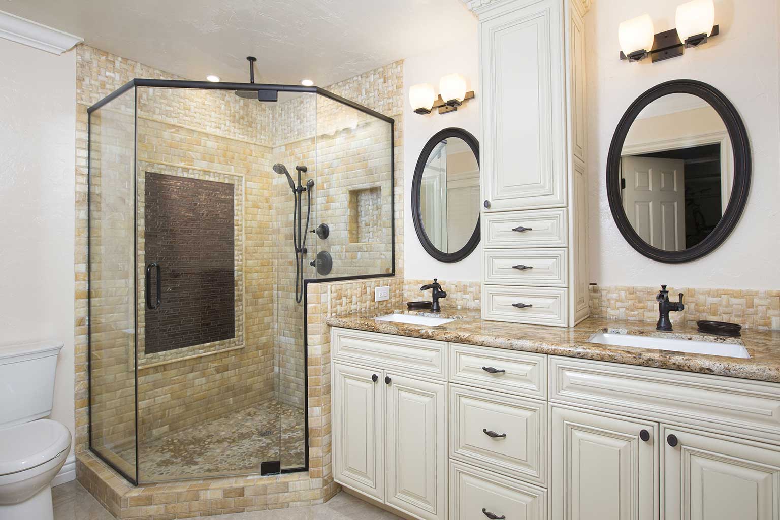 Onyx Tile Custom Glazed White Cabinets Bathroom Renovation